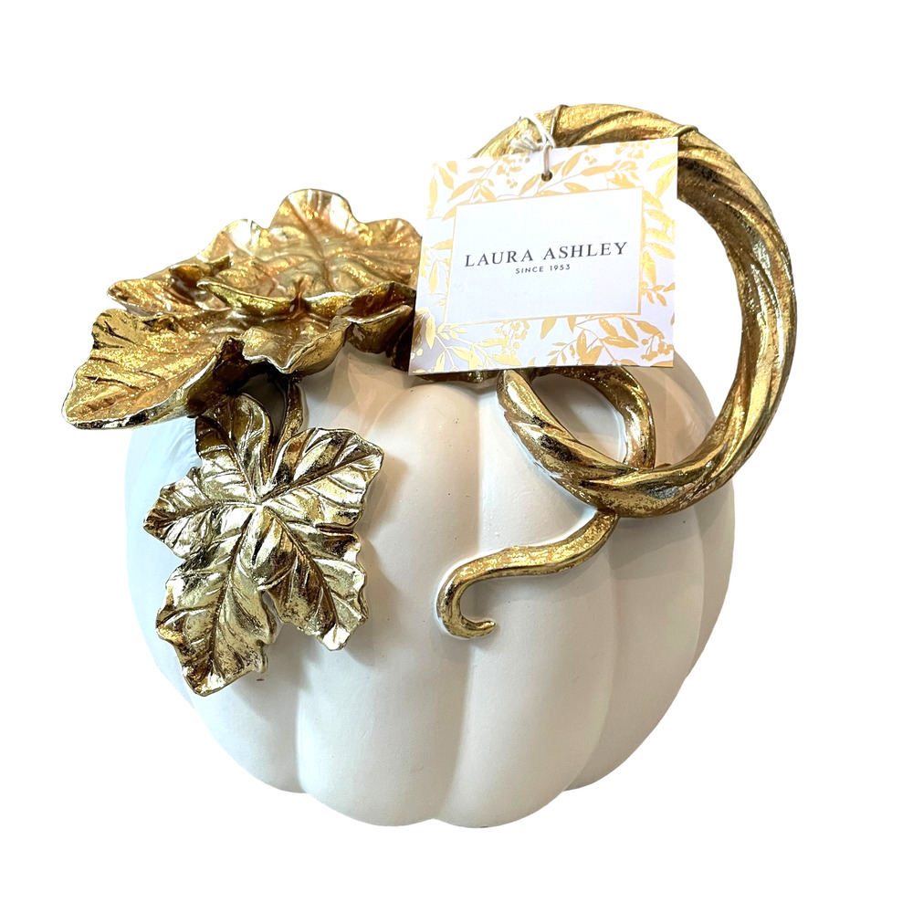 Laura Ashley White PUMPKIN With Gold Leaf Detail 8x9 Fall Home Decor NEW